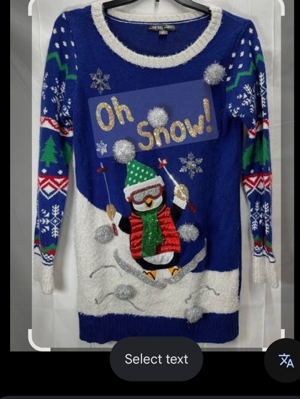 Women's Oh Snow! Penguin Ski Holiday Sweater - Blue/White